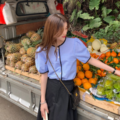 Real price foreign style contrast loose round neck single breasted bubble sleeve simple Plaid Shirt Top