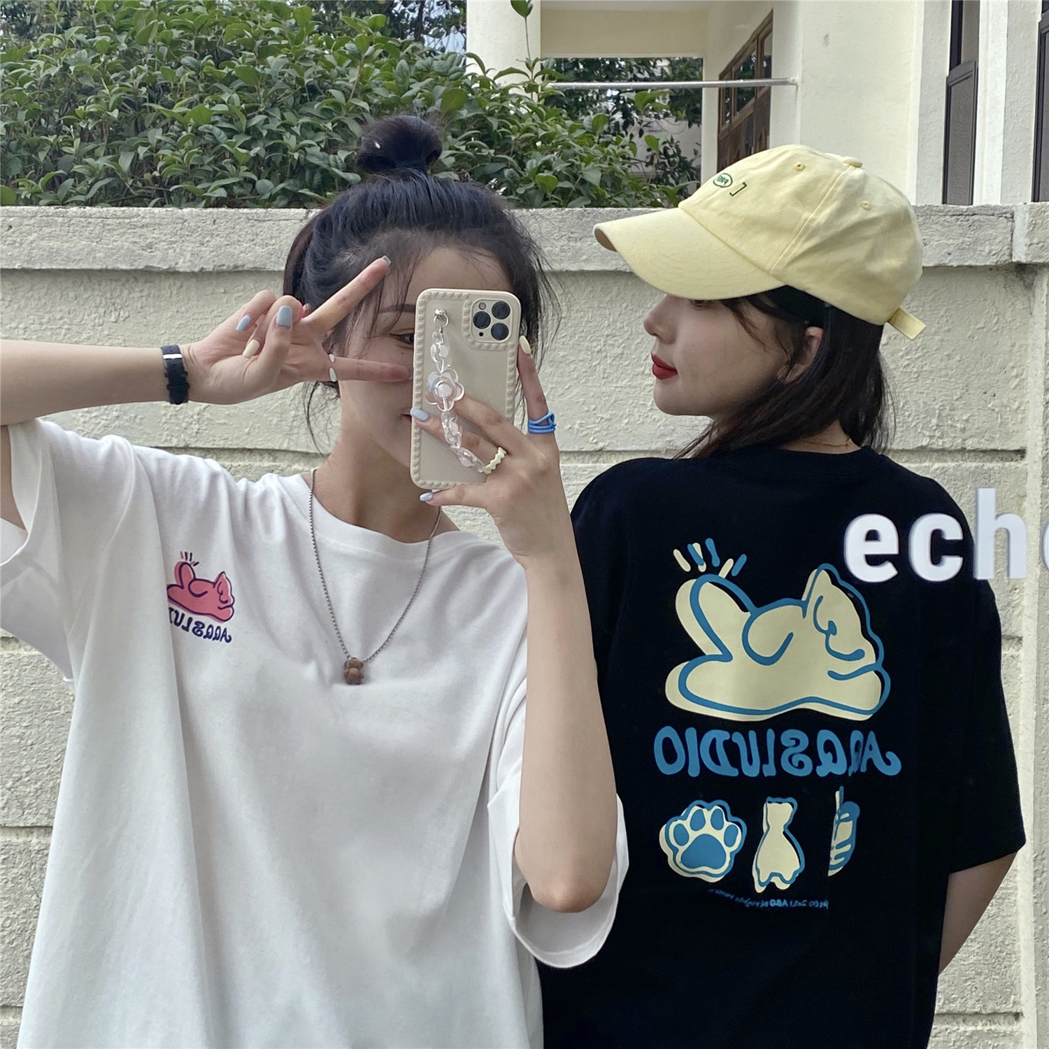 Real price ~ Korean loose bear front and back printed round neck short sleeve T-shirt girl's top