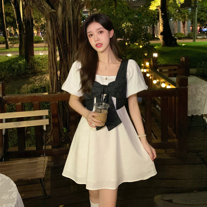 Real price square neck bubble sleeve dress women's design French bow waist slim skirt