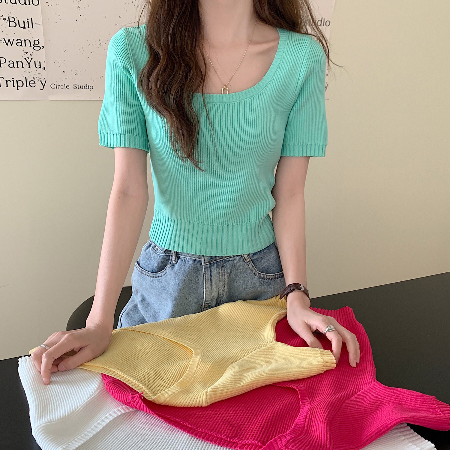 Real price candy color square neck short sleeve T-shirt