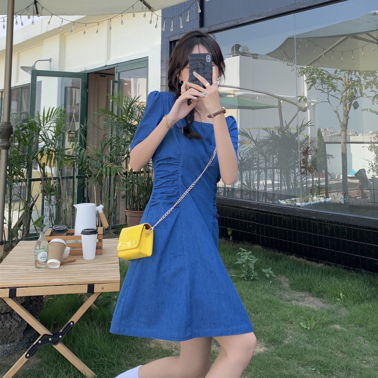 Real price ~ design feeling pleated waist imitation denim wash dress women's simple temperament skirt