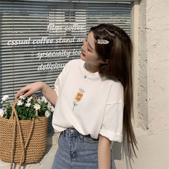 Real price Korean loose embroidery round neck Cotton Short Sleeve T-Shirt