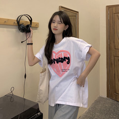 Real price ~ love flocking embroidery round neck T-shirt women's Korean loose short sleeve top