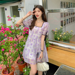 Real price ~ square collar bubble sleeve floral dress design girl's bow tie Fairy Dress