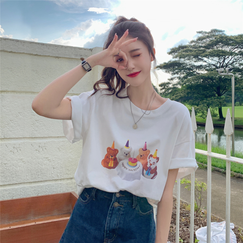Real price ~ fun bear cream cake printed round neck T-shirt women's loose white short sleeve top
