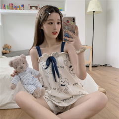 Korean version lovely cartoon printing suspender pajamas shorts two piece set of women's home suit
