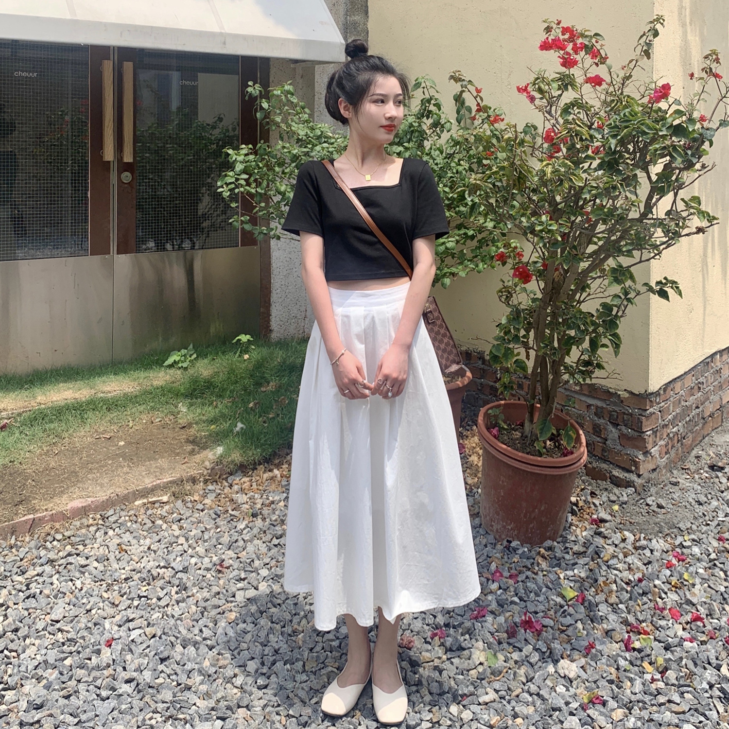 Real price ~ versatile high waist slim high school long skirt women's solid A-line umbrella skirt