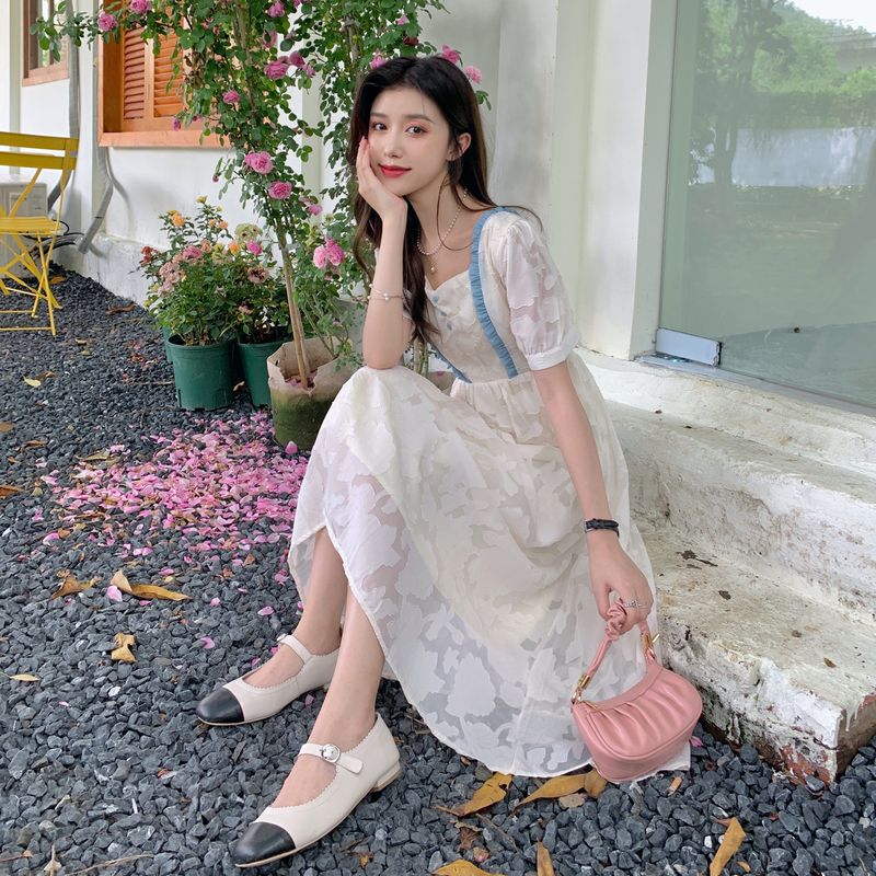 Real price ~ French square neck bubble sleeve dress fairy skirt with thin waist and gentle first love skirt