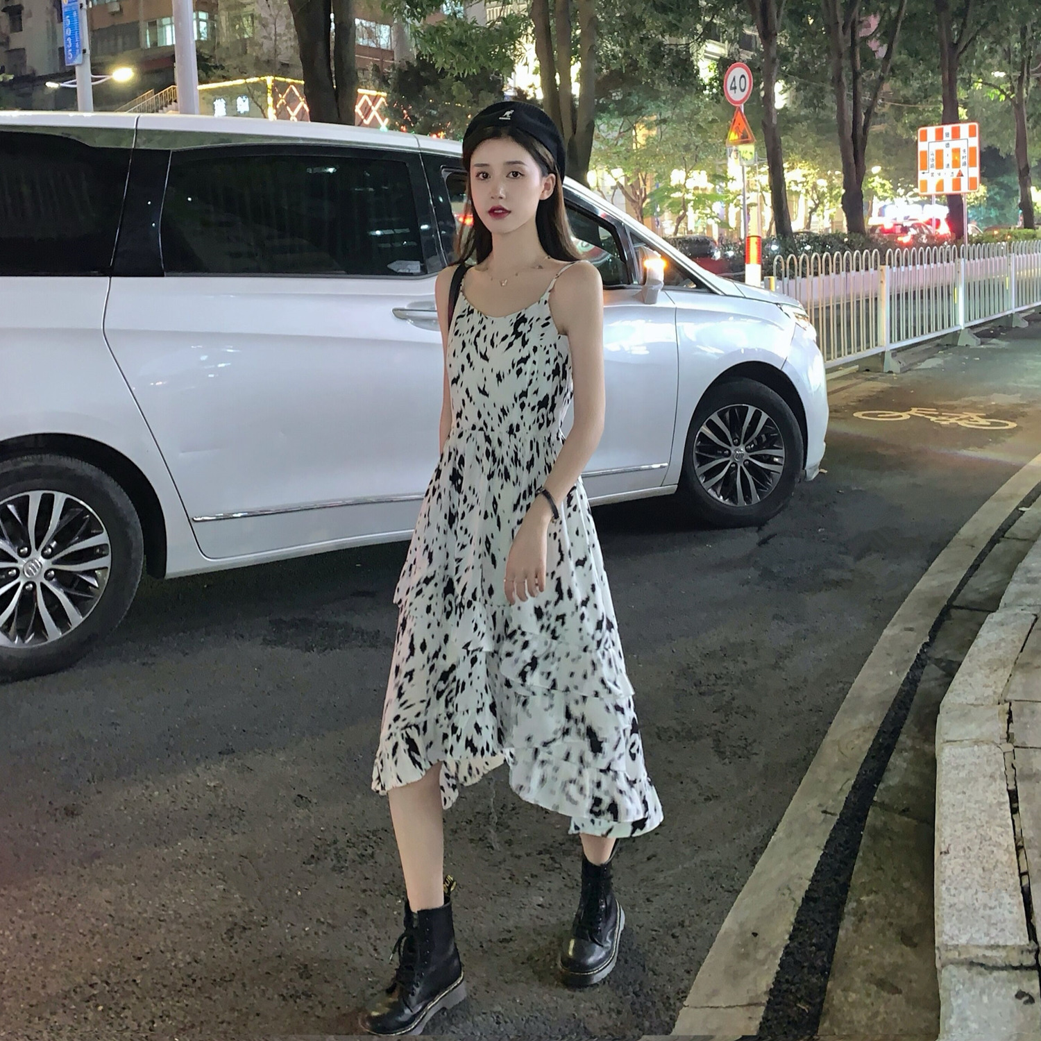 Real price ~ minority French floral suspender dress women's irregular ear edge splash ink skirt