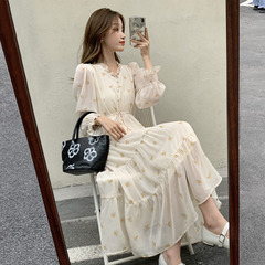Real shot real price Korean style waist neck Lantern Sleeve medium length soft apricot Floral Dress