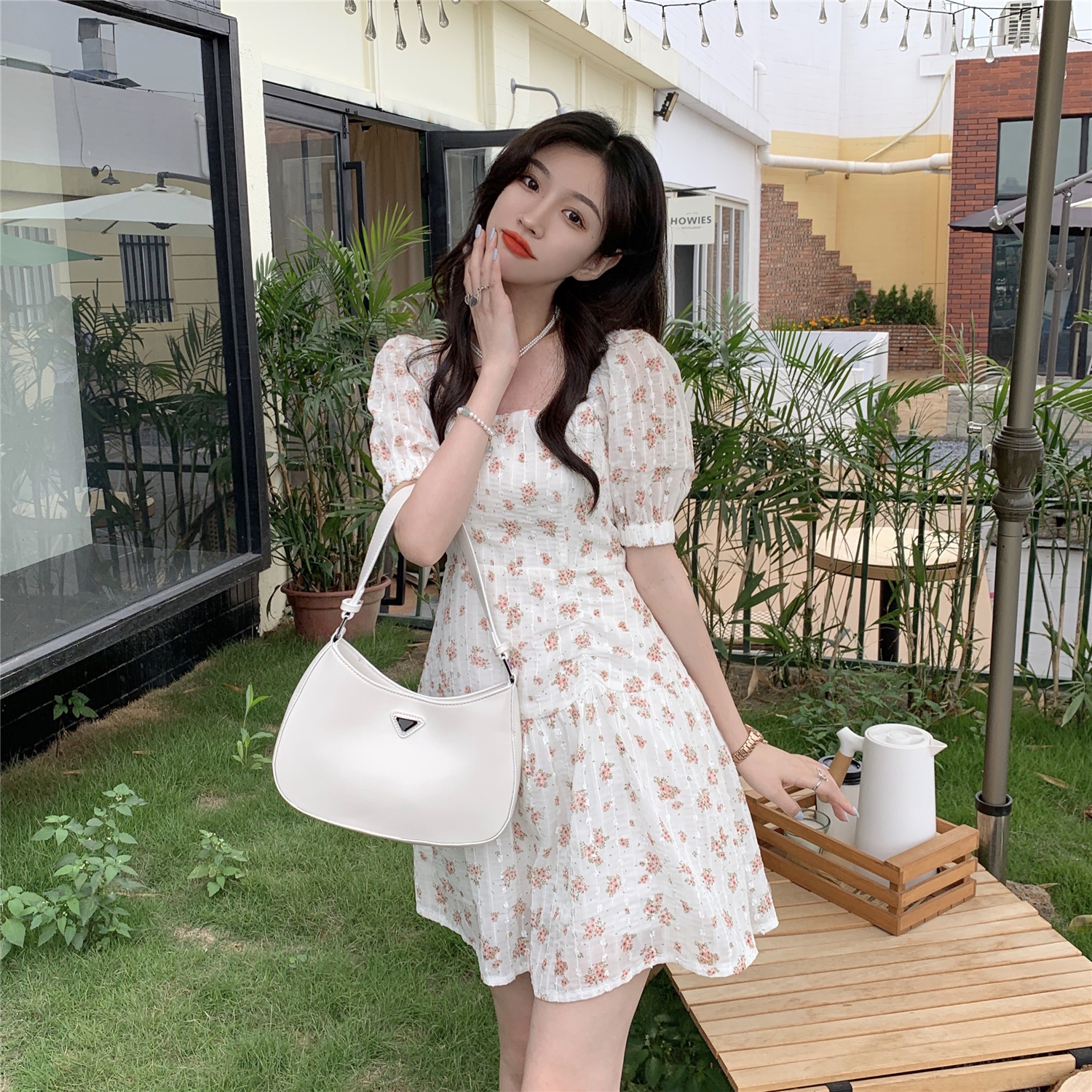 Real price ~ gentle wind floral dress women's neck bubble sleeve short waist slim skirt