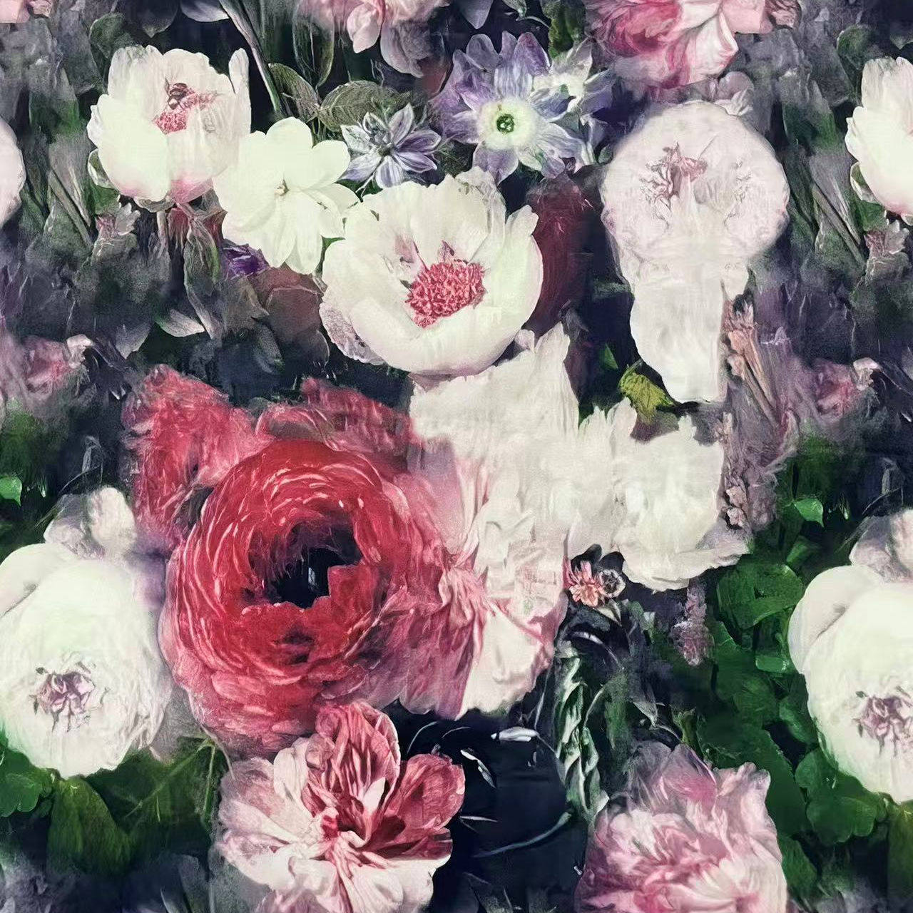 美式油画风浪漫玫瑰花绒布印花 桌布桌旗抱枕沙发垫DIY面料