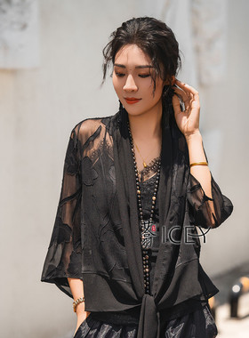 艾翕甄选剪花薄款飘带外套中年妈妈春季新款时尚微透气质衬衫上衣