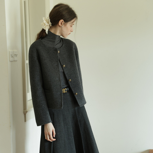 气质简约深灰色宽松短款全羊毛双面呢大衣女冬新款小个子毛呢外套