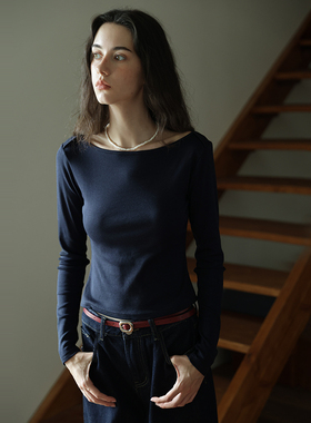 春也白 法式复古船领百搭修身显瘦长袖T恤女春新款简约高智感上衣