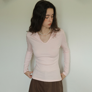 简约松弛感粉色polo翻领长袖T恤女春修身气质显瘦休闲V领内搭上衣