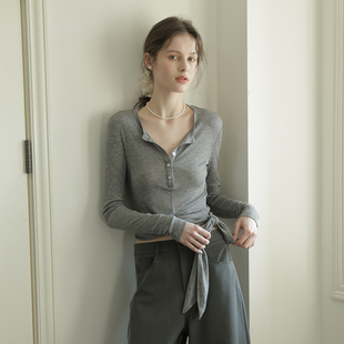 设计感修身 显瘦正肩百搭上衣 T恤女26春新款 天丝羊毛收腰系带长袖