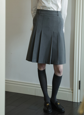 灰色格雷系高腰百褶裙女复古学院风气质a字半身裙中长款裙子春夏