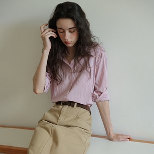 梅粉色翻领长袖衬衫女春新款通勤百搭宽松休闲衬衣设计感叠穿上衣