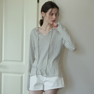 灰白条纹宽松长袖T恤女26春季新款设计感系带打底衫显瘦百搭上衣