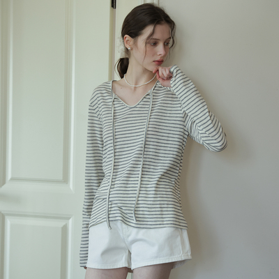 灰白条纹宽松长袖T恤女26春季新款设计感系带打底衫显瘦百搭上衣