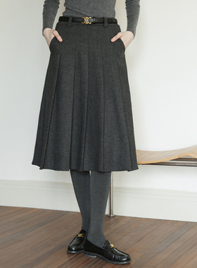 深灰色复古百搭高腰压褶A字羊毛混纺毛呢半身裙女冬款中长款半裙