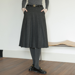 深灰色复古百搭高腰压褶A字羊毛混纺毛呢半身裙女冬款中长款半裙