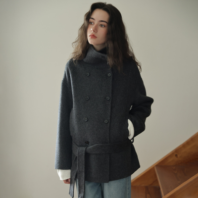 深灰色立领小个子双排扣短款大衣女2025秋冬新款双面羊毛呢子外套