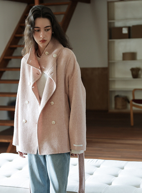 春也白小个子骆驼绒双排扣立领双面呢子大衣女秋冬新款羊毛呢外套
