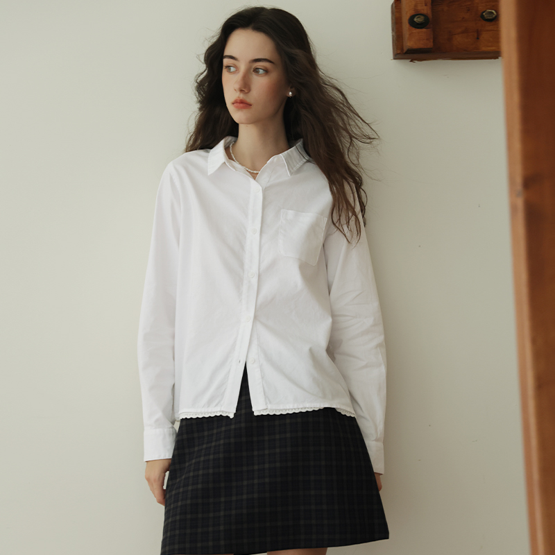 春也白全棉法式宽松显瘦花边衬衫女秋冬款小众设计感内搭叠穿上衣