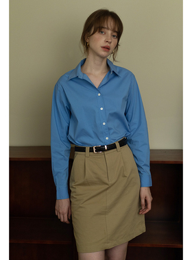 春也白春季新款蓝色法式简约风长袖衬衫女复古设计感小众宽松衬衣