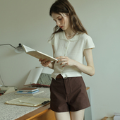 开衫 小飞袖 正肩娃娃领小个子薄款 针织上衣女夏新款 翻领冰丝短袖