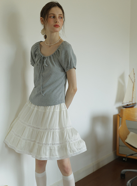 甜辣风大圆领灰色提花领口系带短袖T恤女夏小众设计感露锁骨上衣