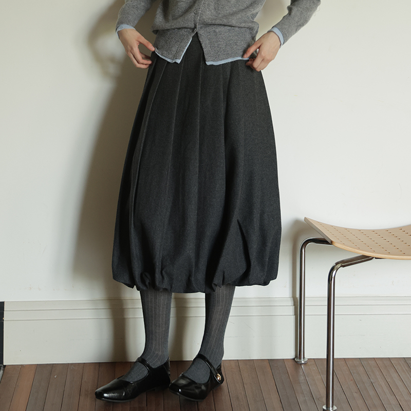 深灰色立体感高腰绵羊毛毛呢花苞裙复古显瘦蓬蓬裙女冬季中长半裙