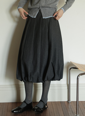 深灰色立体感高腰绵羊毛毛呢花苞裙复古显瘦蓬蓬裙女冬季中长半裙