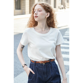露锁骨上衣 T恤女夏大圆领正肩内搭打底衫 春也白 简约白色纯棉短袖
