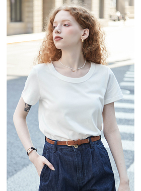 春也白 简约白色纯棉短袖T恤女夏大圆领正肩内搭打底衫露锁骨上衣