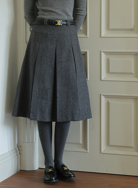 春也白 格雷系灰色百搭高腰羊毛呢百褶半身裙女秋冬款中长A字半裙