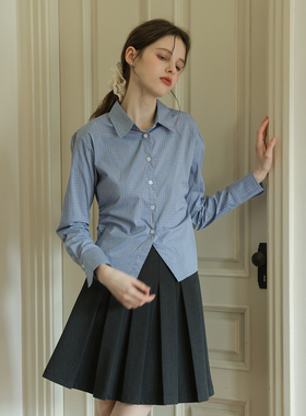 春也白 miu系风收腰显瘦格子衬衫女复古高智感蓝白撞色休闲上衣春