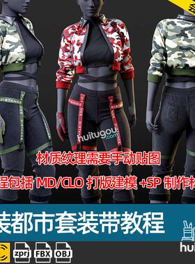 MD衣服素材CLO都市前卫女装套装ZPRJ工程带打版建模和SP材质教程
