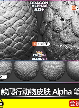 ZBrush素材46款爬行动物皮肤龙鳞片甲壳Alpha笔刷ZB纹理贴图png