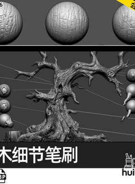 Zbrush木纹木头瘤结枯树粗糙树皮树枝树干树根雕刻zbp笔刷ZB画笔