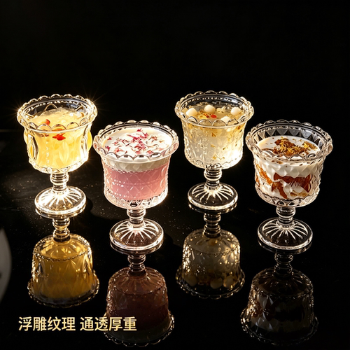 复古浮雕高脚玻璃甜品杯