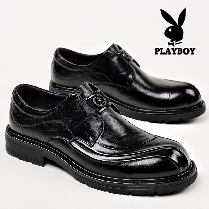 花花公子皮鞋男真皮商务正装宽脚大头一脚蹬结婚新郎休闲大码冬季