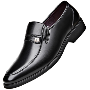 花花公子皮鞋男真皮商务正装黑色软底休闲一脚蹬中老年爸爸鞋冬季