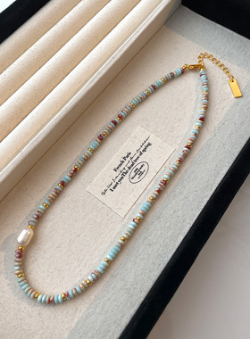 天然石彩色串珠淡水珍珠项链