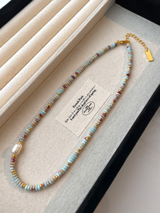 天然石彩色串珠淡水珍珠项链女夏小众设计高级感锁骨链叠戴卫衣链