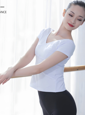 舞蹈服上衣女成人芭蕾舞练功服棉黑色交叉V领舞蹈短袖t艺考形体服