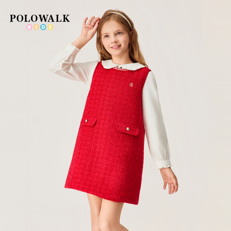 女童无袖连衣裙撞色百搭红色裙子