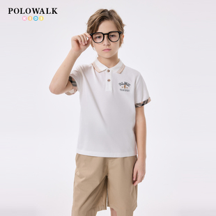 撞色中大童休闲翻领POLO衫 POLOWALK童装 新款 男童短袖 T恤2025夏季